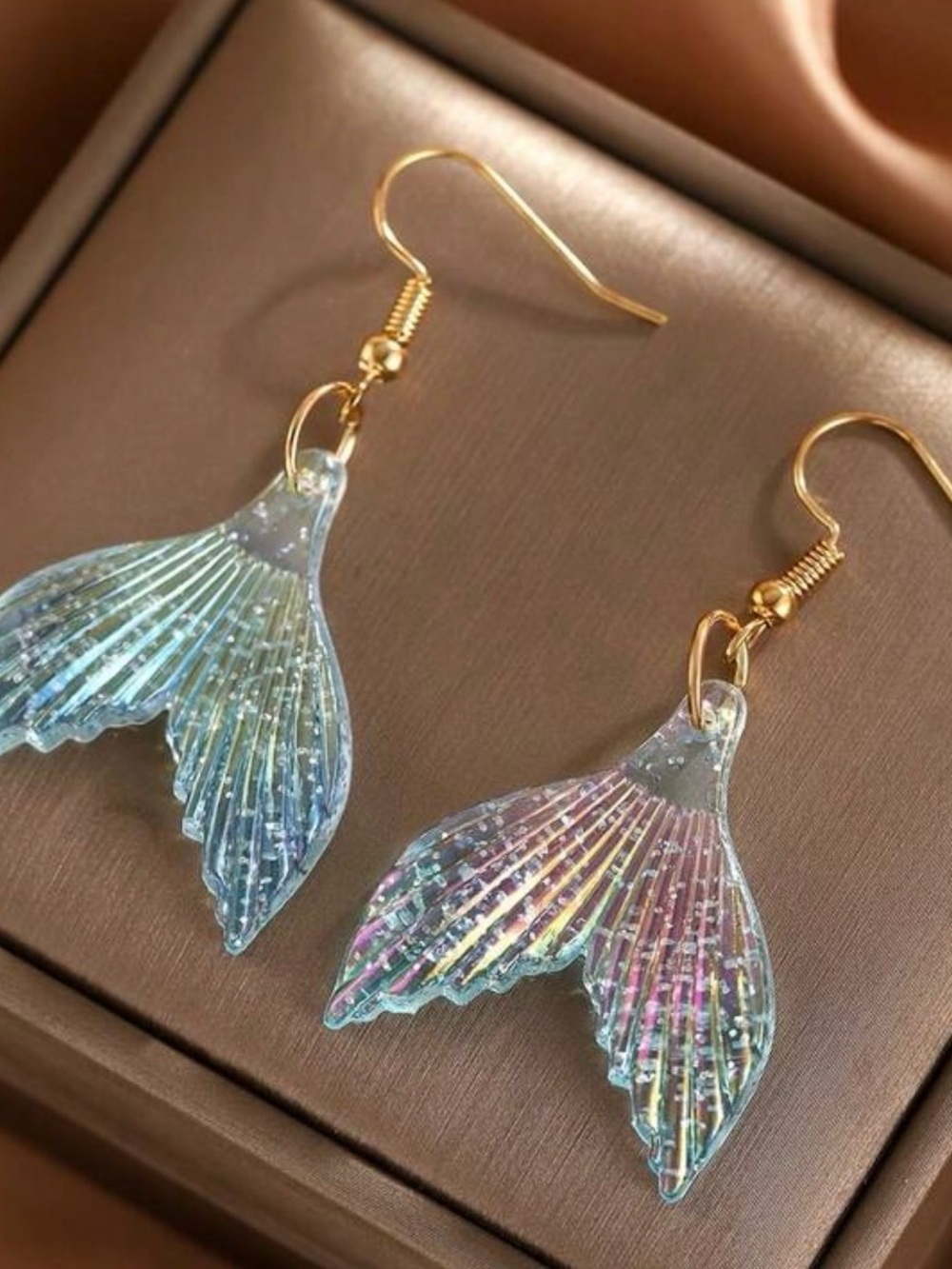 Gold Hook Iridescent Mermaid Tail Earrings in Pink & Blue